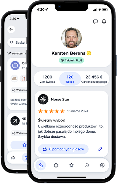 Dwa smartfony jeden za drugim, które pokazują profil fikcyjnego członka społeczności Community of Trust w widoku aplikacji.